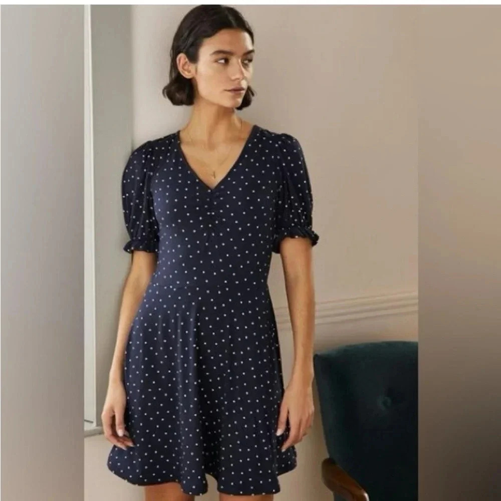 Boden Dress Womens 2R Kassidy Jersey Polka Dot Flowy Classic Navy Flutter Sleeve